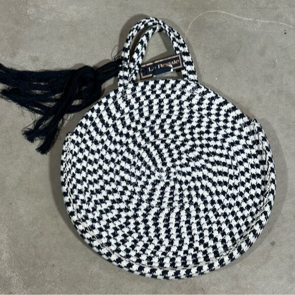 NWT La Regale Round White Navy Blue Cotton Woven Handbag - Picture 3 of 11